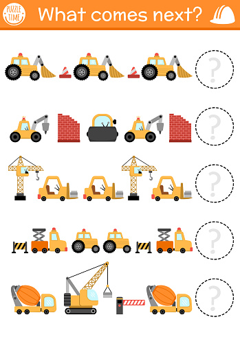 What comes next. Construction site logical activity for preschool kids with bulldozer, crane, excavator. Building works logic succession worksheet. Continue the row game with special cars, vehicles