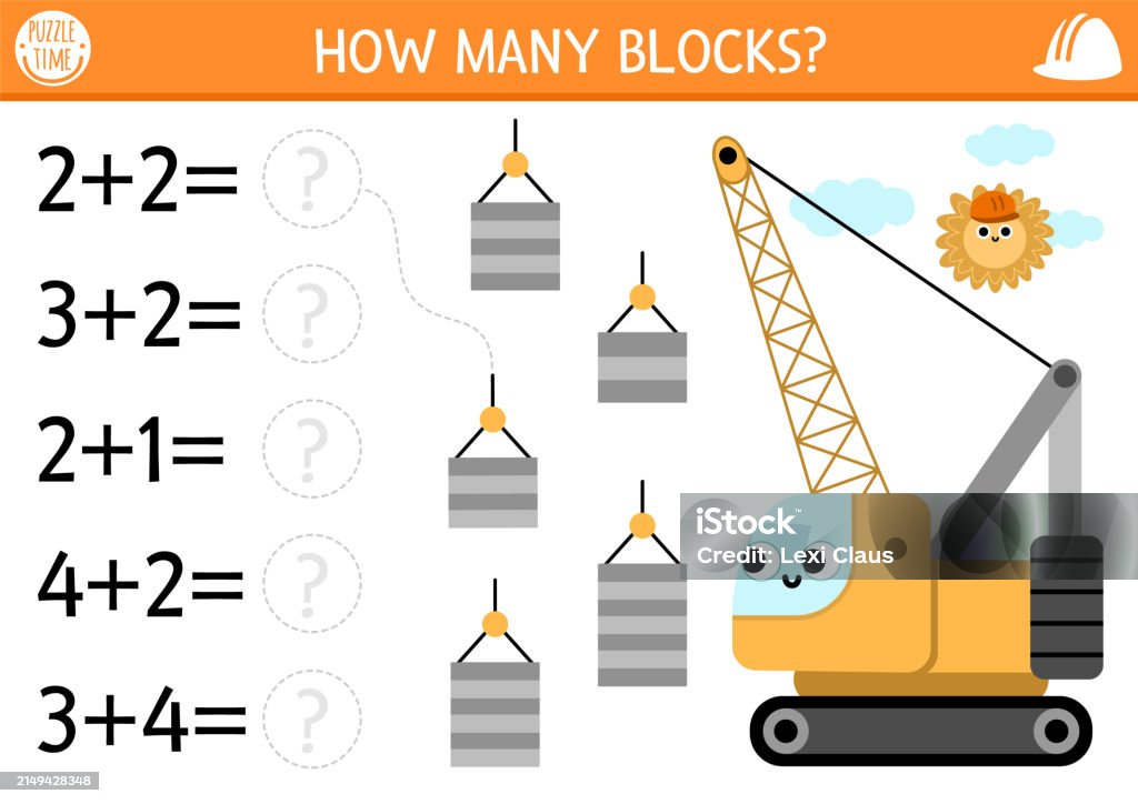 Toddler Construction Math How Many Blocks Game With Cute Crawler Crane Construction Site Math ...