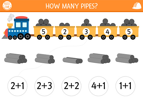 How many pipes game with cute freight train Construction site math addition activity for children. Simple building works printable counting worksheet for kids with engine and cars with load