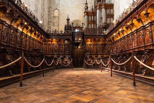 The stalls of the Cathedral of Saint Mary of Saint-Bertrand-de-Comminges, made up of intricately carved wooden panels dating back to the Renaissance