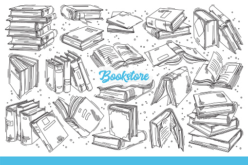 Bookstore inscription among books with fantastic literature or romantic stories. Hand drawn doodle. Background of open or closed books with educational information for school students