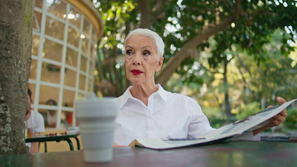 istock Smiling pensioner resting cafe terrace before morning breakfast alone closeup. 2149432853