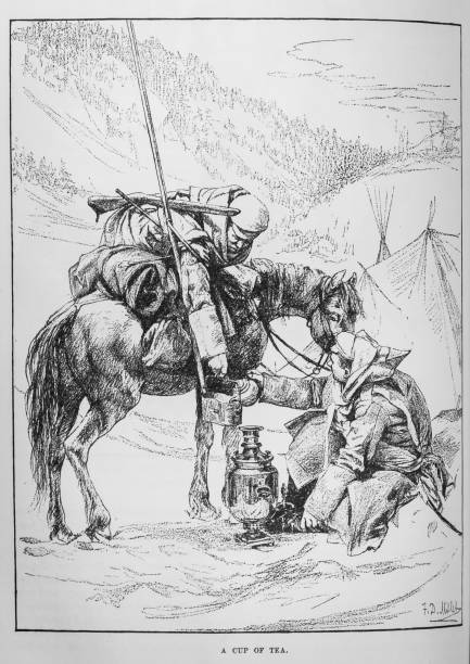 A Cup of Tea Illustration from Harper's Magazine Volume LXXIV -December 1886-May 1887 :- A Cossack soldier on horseback bends down from his saddle to accept a coup of hot tea from a seated man with a samovar. tea cup ride stock illustrations