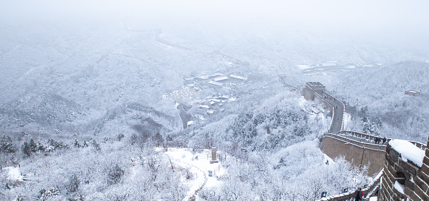 Panoramic view of the Badaling Great Wall with snow covered forest and fog in winter, Beijing, China