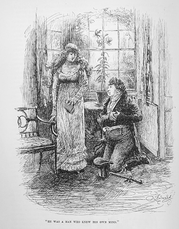 Illustration from Harper's Magazine Volume LXXIV -December 1886-May 1887 :-  A portly man proposes to a young woman in the parlor of her home.