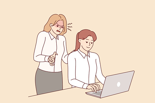 Irritated woman manager scolds subordinate employee working with laptop, for workplace bullying concept. Nervous boss demands to exceed plan, resorting to bullying for achieve business goal