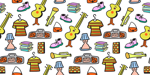 seamless pattern of cartoon objects in doodle style in vector. template for background, wallpaper, wrapping, fabric, print