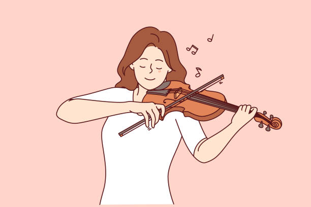istock Woman plays violin, enjoying performance of melody and moving bow along strings musical instrument 2149434493