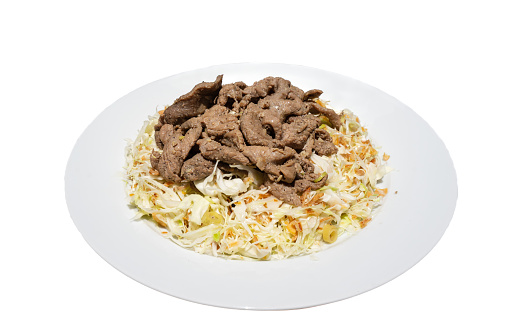Bo bap thau or beef salad. A Vietnamese dish. Shredded cabbage is mixed with lime juice and spicy fish sauce. Beef is marinated with chopped shallots and lemongrass before being stir-fried. The beef was then combined with grated cabbage and fried shallots.