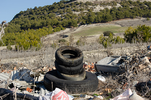 Neumáticos en vertedero ilegal en la naturaleza, problema ambiental.