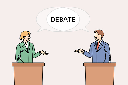 Debate between two politicians standing behind podium and arguing about way to solve state problems. Man and woman participate in debate, talking about political programs of their party.
