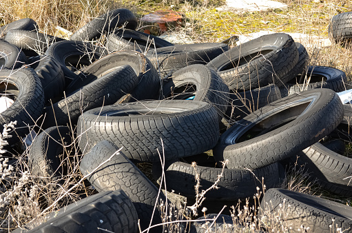 Neumáticos en vertedero ilegal en la naturaleza, problema ambiental.