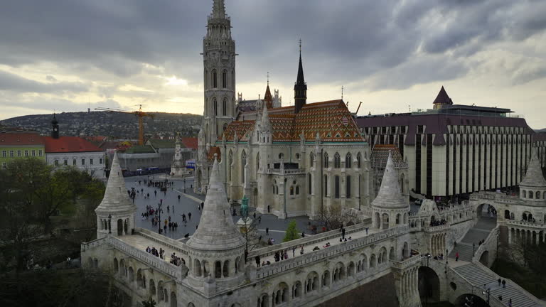 Aerial view of Fisherman's Bastion in Budapest at sunset cloudy weather, Europe's Famous Fisherman's Bastion, tourist visit in Budapest Fisherman's Bastion