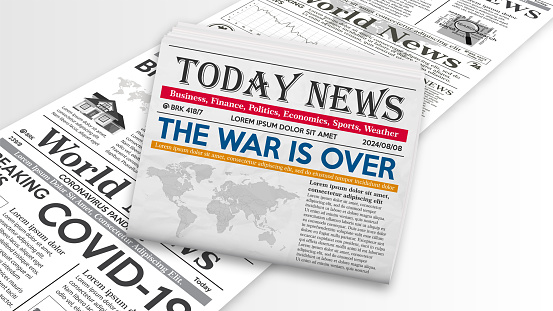 Realistic newspaper with the main news on the background of a newspaper conveyor. Breaking news from around the world in the latest edition of the newspaper. Vector illustration.