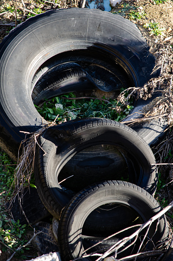Neumáticos descansan hasta la eternidad de su degradación. Problema ambiental vertedero ilegal.