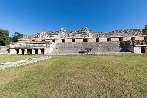 Uxmal, Mexico - December 28, 2022: view of ruins at Uxmal ancient Maya city