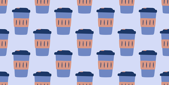 Coffee Pattern Disposable Takeaway Cup. Seamless symmetrical print hot drink mug to go. Cappuccino, latte. In a row. Wrapping. Doodle style. Color image - blue, brown. Vector illustration