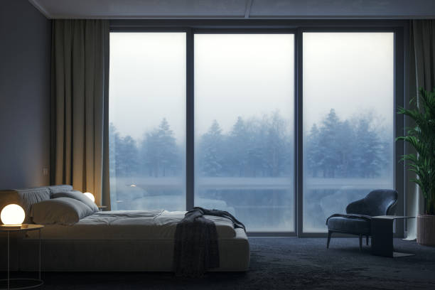 Moody Bedroom With Lake View In Winter
