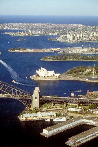 Looking east over Millers Point  and eastern suburbs in 1996