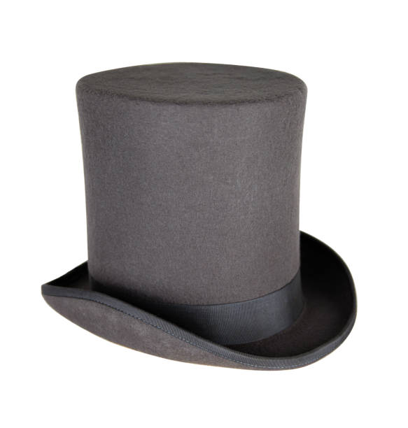Magic hat. Topper. Elegant vintage gray beige wool felt top hat with black band. Grosgrain ribbon trim around rolled brim. Isolated on white background. Close-up. Copy space. Cut out. Clipping path.