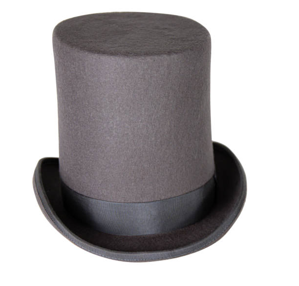 istock Magic hat. Topper. Elegant vintage gray beige wool felt top hat with black band. Grosgrain ribbon trim around rolled brim. Isolated on white background. Close-up. Copy space. Cut out. Clipping path. 2149446151