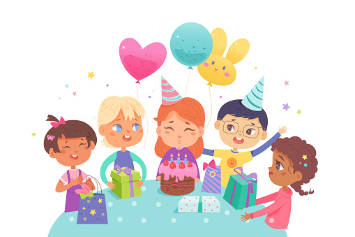 Child birthday party. Happy girls and boys celebrating birthday. Children holding gift boxes. Kids cartoon characters in b-day hats with colorful balloons and cake with candles.