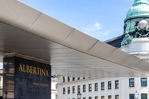 Vienna, Austria April 5, 2024 The exterior of the Albertina Museum and sign.