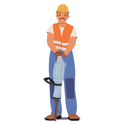 Construction Worker Stands Firmly, Gripping A Jackhammer, Ready To Break Ground With Determination And Strength. Smiling Male Character Industrial Worker or Builder. Cartoon People Vector Illustration