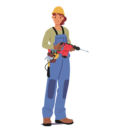 Sturdy Female Construction Worker Character Stands Confidently, Holding Drill Tool Firmly, Her Posture Reflecting Skill And Determination. Woman Handyman or Builder. Cartoon People Vector Illustration