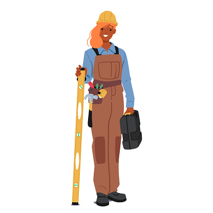 Female Construction Worker Character in Working Overalls Stands Tall, Toolbox Gripped Firmly, Level In Hand, Ready To Measure And Build With Skill And Precision. Cartoon People Vector Illustration