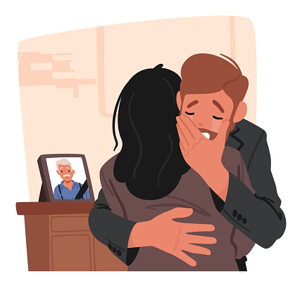 Couple Characters Mourns The Loss Of Their Father, Sharing Tears And Memories, Finding Solace In Each Others Embrace During This Time Of Profound Sorrow. Cartoon People Vector Illustration