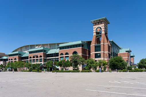 Houston, Texas, USA - April 4, 2024: Minute Maid Park in Houston, Texas, USA. Minute Maid Park, nicknamed The Juice Box, is a retractable roof stadium in Houston.