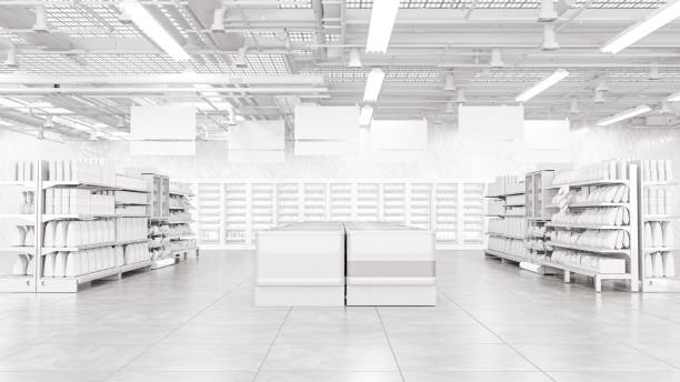 istock 3D Rendering. Store interior supermarket with shelf shelves. 2149449736