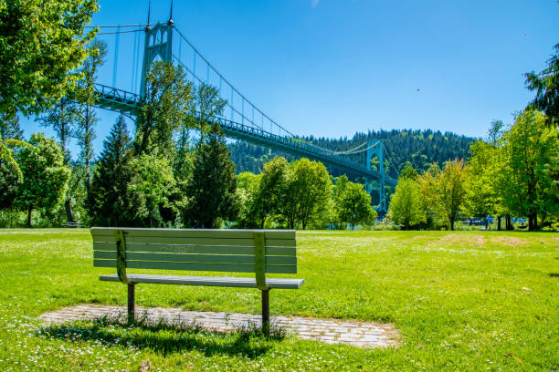 istock Empty Lonely Bench in Cathedral Park on Sunny Day in Portland, OR 2149452008