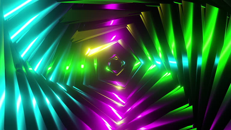 Tunnel with twisted colorful art deco lines shimmers with bright reflections 3d render. Movement in metallic chrome geometric shape background and overlay