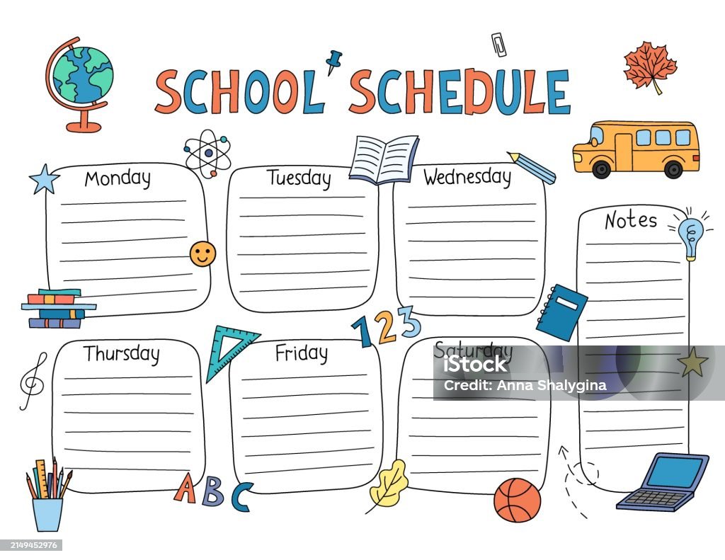 School Schedule Template Printable Us Letter Size Vector Weekly Class