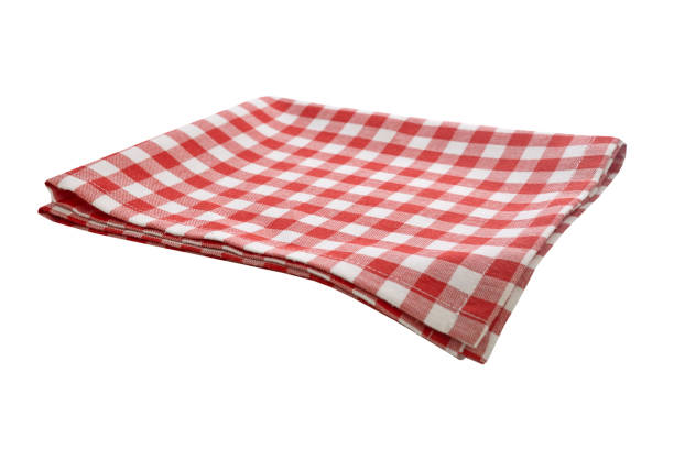 istock Checkered picnic folded kitchen cloth, food decor. Red checked tablecloth. Isolated towel. 2149453145
