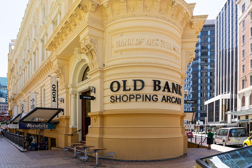 Wellington, New Zealand - February 11, 2024: Old Bank Arcade building at Lambton Quay in Wellington, New Zealand. The Old Bank Arcade is a retail and office complex.