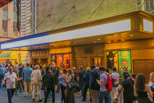 New York. USA. 04.16.2024. Visitors lining up eagerly for the premiere of 'Hell's Kitchen' at the Shubert Theater on Broadway in Manhattan,