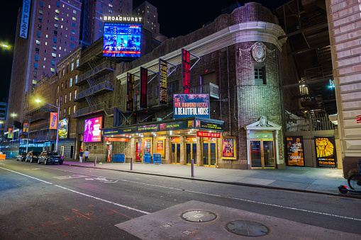 NY. USA. 04.16.2024. A stunning nighttime perspective of the Broadhurst Theatre, featuring the debut of the musical 'The Neil Diamond Musical: A Beautiful Noise.