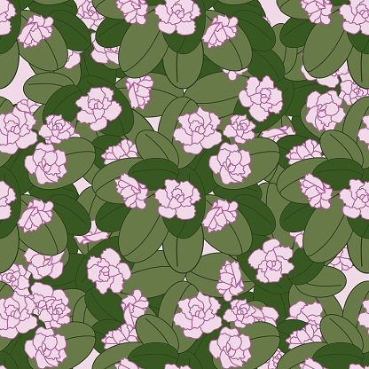 Azalea. Pink flowers and green leaves isolated on a pink background. Dense seamless pattern. Flat style.  Background for textile, paper, cover, dishes, interior decor.