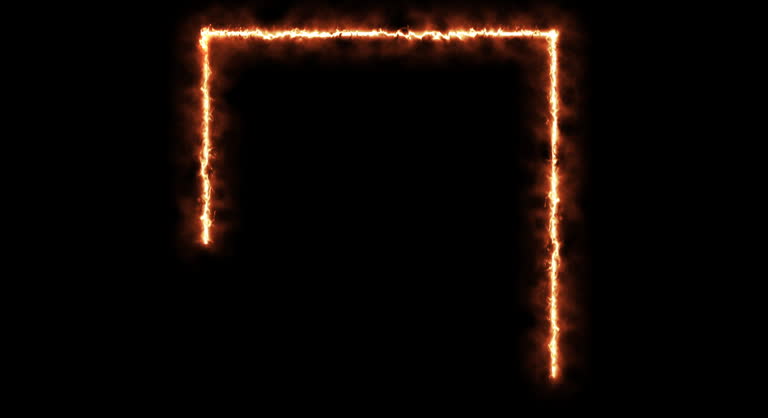 Burning square frame on black background. Placeholder overlay effect rectangular frame on fire in 4K.