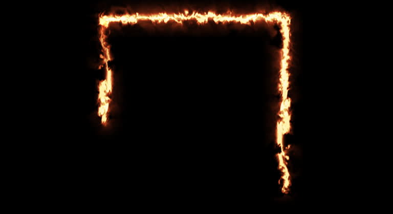 Burning square frame on black background. Placeholder overlay effect rectangular frame on fire in 4K.