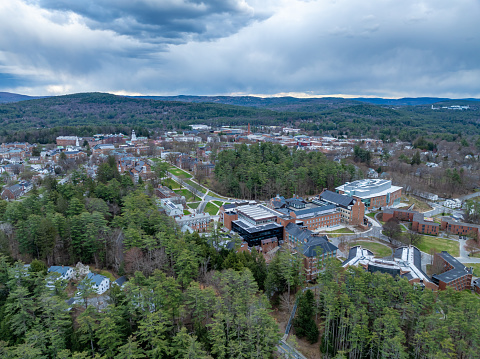 Spring aerial photo of Hanover, NH on a partly cloudy day.
