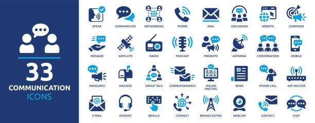 illustrations, cliparts, dessins animés et icônes de illustration vectorielle de jeu d’icône de communication - communication