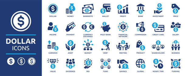 Dollar currency and money payment icon set. Containing dollar, money, wallet, payment, bank, fund, earnings, income, currency, business and more. Collection of solid icons, vector illustration pack. price stock illustrations