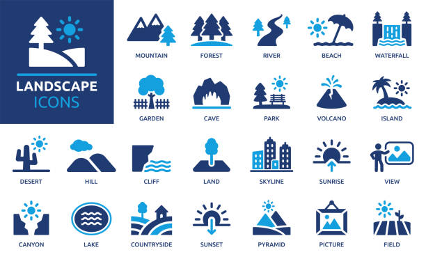 Landscape icon set. Containing mountain, forest, river, beach, desert, field, island, volcano, waterfall, and more. Vector solid symbol collection. only land stock illustrations