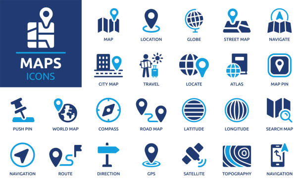 Containing location, maps, GPS, navigation, city map, atlas, route, direction, pin and more. Vector solid icons collection.
