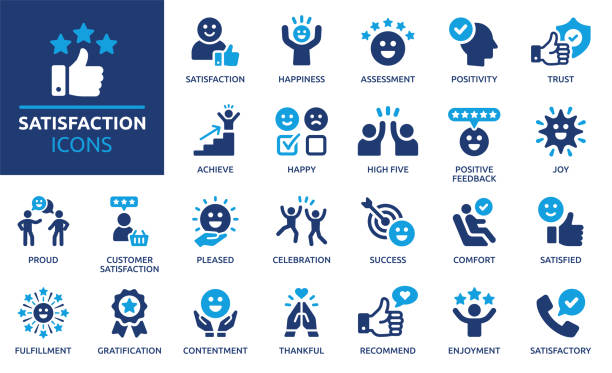 ilustraciones, imágenes clip art, dibujos animados e iconos de stock de conjunto de iconos de satisfacción - cliente