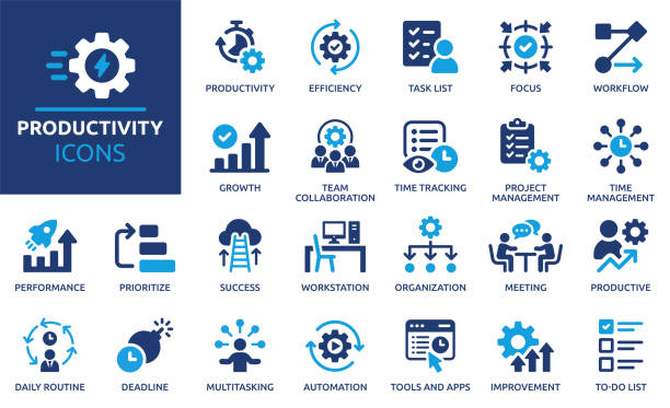 Containing efficiency, task, focus, multitasking, workflow, growth, routine, project management, automation and productive. Vector solid symbol collection.